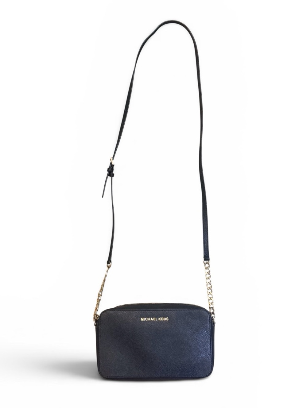 Michael Kors Black Saffiano Leather Crossbody Bag Gold Chain Strap